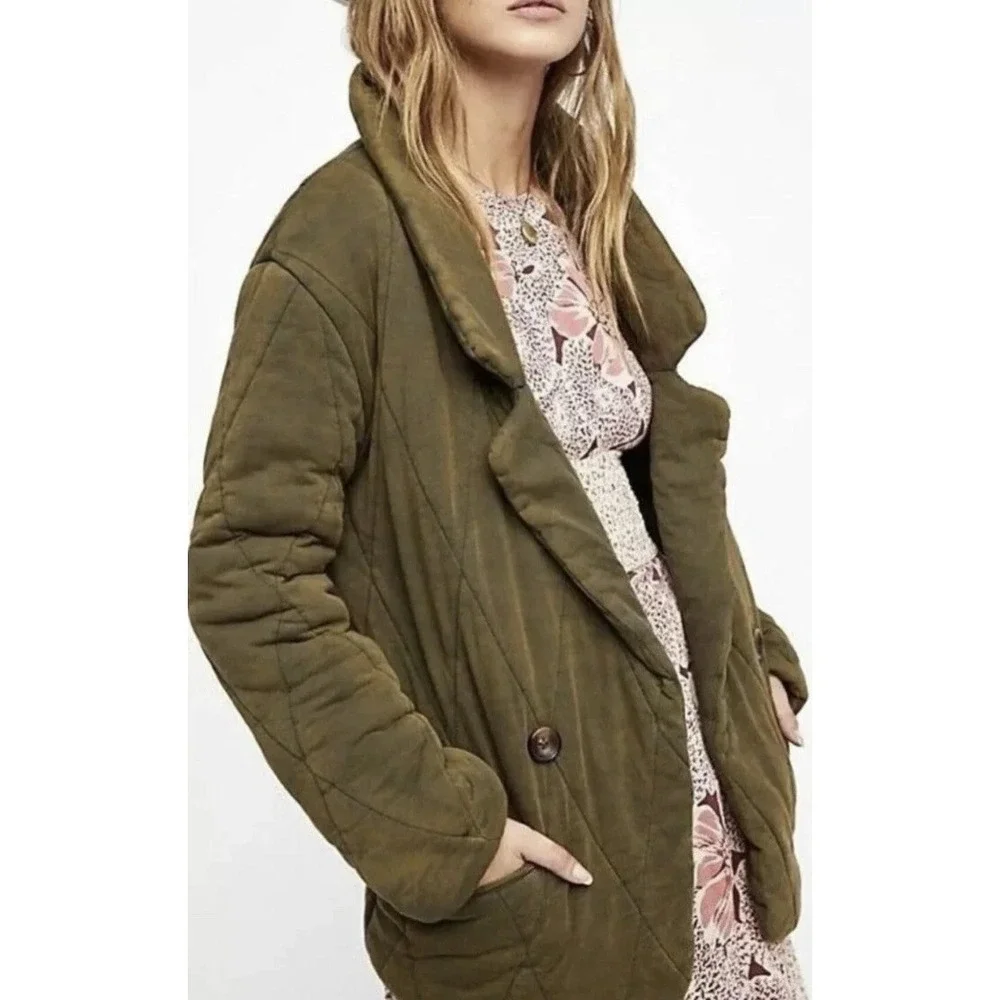 New Free People Jacket XS Tawny Puffer Quilted Open Front Olive Green Oversized